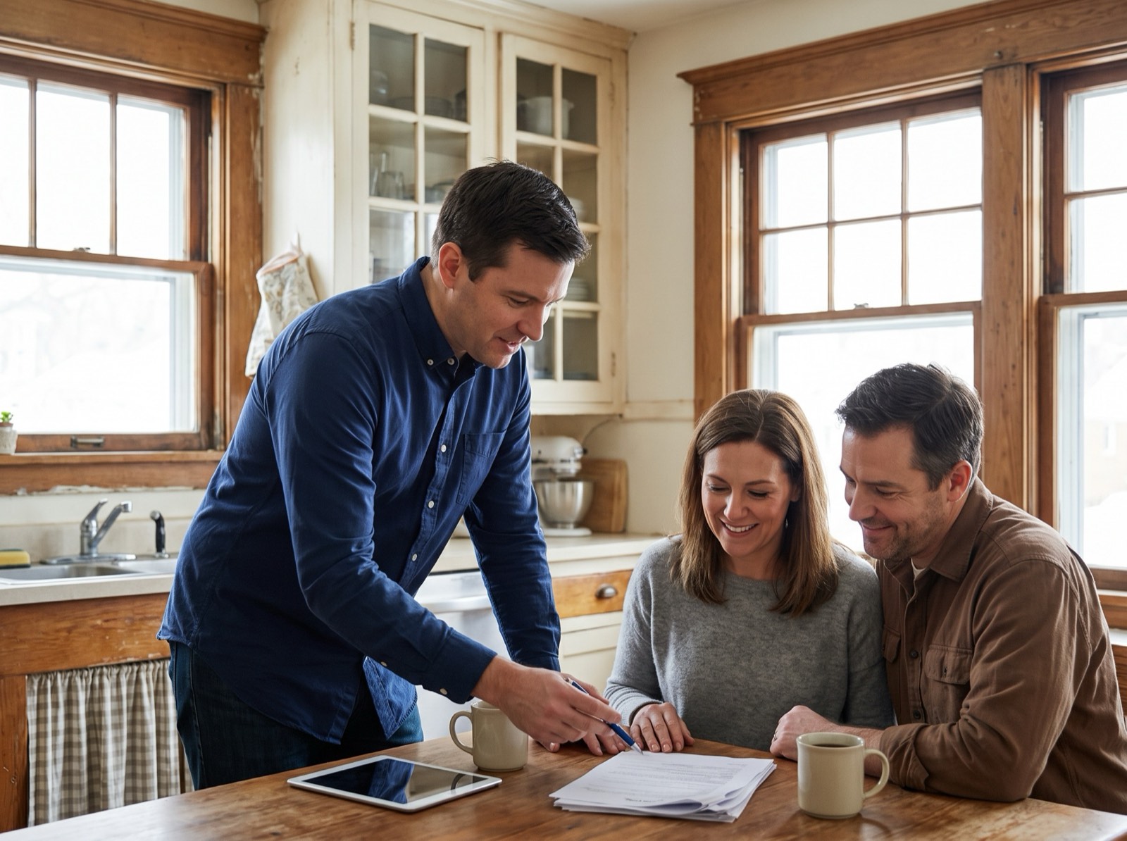 A contractor walking a couple through a printed proposal at their kitchen table