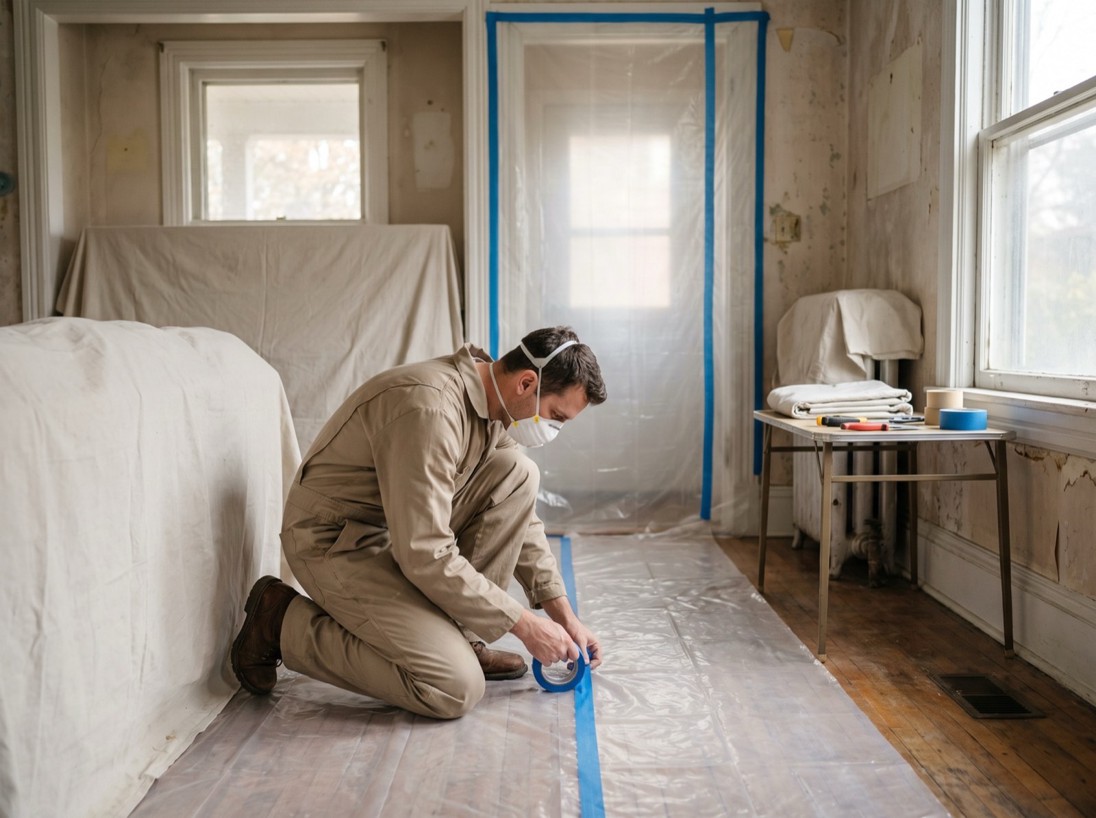 A renovator in a respirator taping plastic sheeting over a floor in an older home